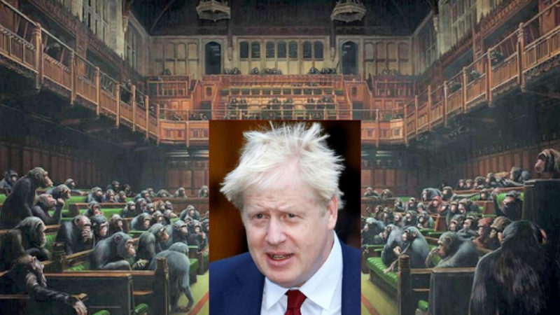 THE BANSKY’S MONKEYS IN UK PARLIAMENT with the BoJo gorilla in the Brexit glassware