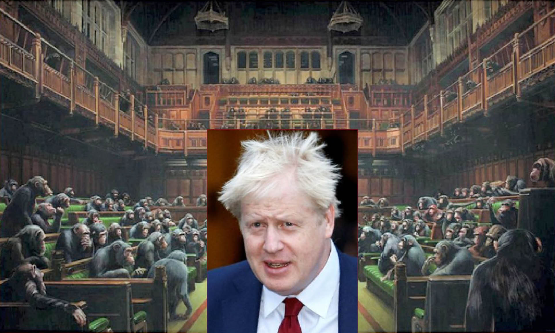 THE BANSKY’S MONKEYS IN UK PARLIAMENT with the BoJo gorilla in the Brexit glassware