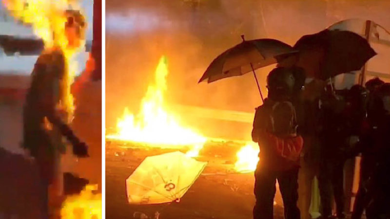 HONG KONG: US-CANVAS MOLOTOV’ PACIFISTS: campus and subway burning, man set on fire, lawmaker stabbed