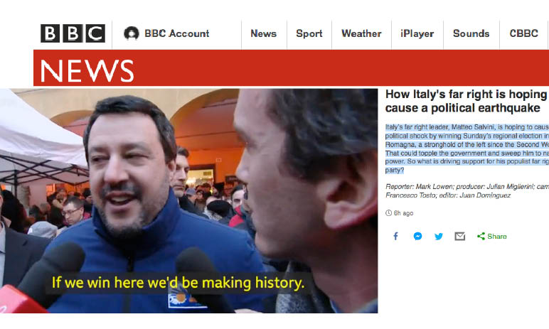 Anche la Tv britannica BBC ha paura del “TERREMOTO POLITICO SALVINI” in Emilia! Perciò intervista sardine e antifascisti
