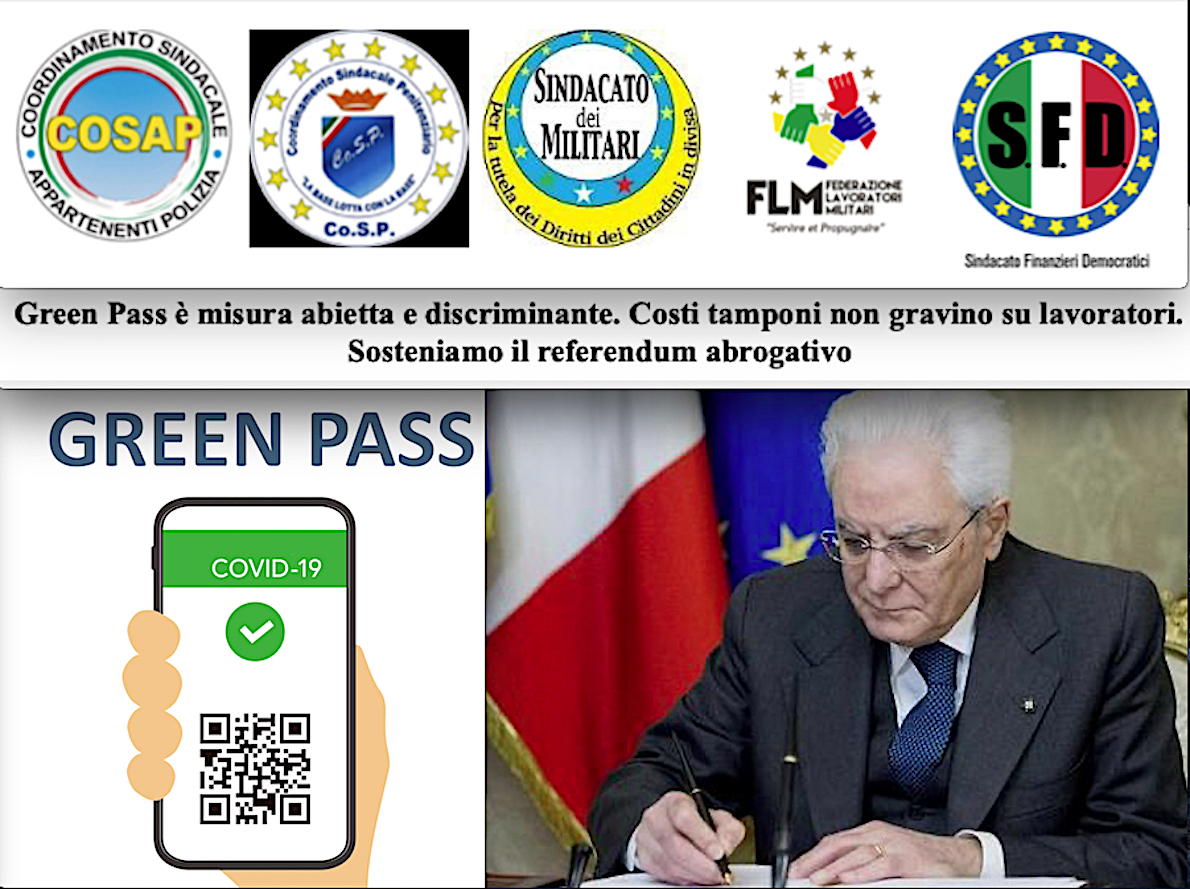 CONTRO GREEN PASS “ABIETTO” SINDACATI DI POLIZIA, FINANZA E MILITARI. Atto Congiunto tra Rappresentanti di Forze dell’Ordine e Forze Armate