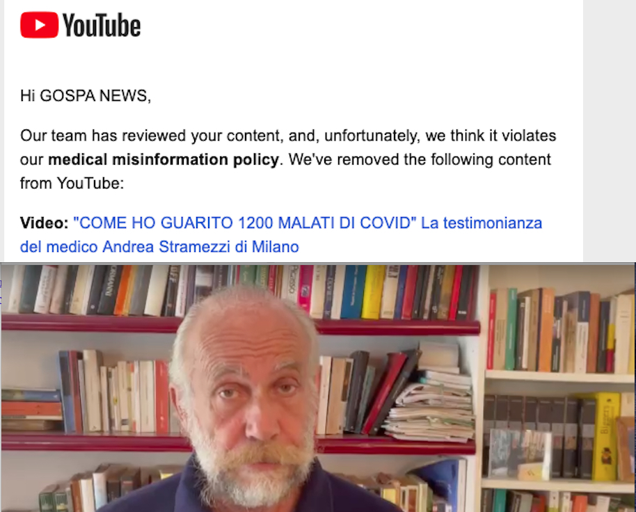 YOUTUBE CENSURA MEDICO CHE CURA MALATI DI COVID A CASA. PRO-VAX & BIG-TECH oltre ogni Criminale Vergogna!!! (video qui)