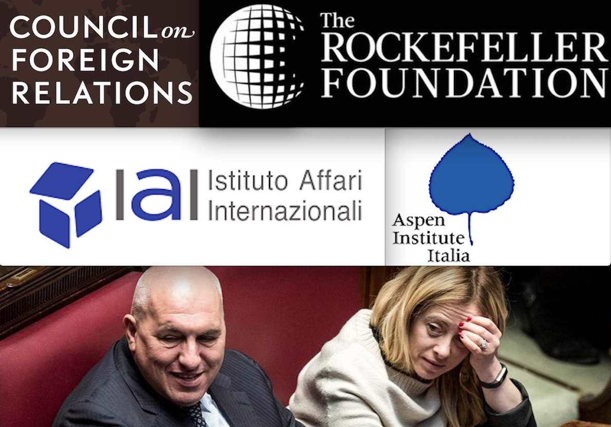 MELONI E CROSETTO NELLA CORTE DEI ROCKEFELLER. Lei nell’Aspen, lui nello IAI: partner di Think-Tank USA Covo di Lobby Armi & Big Pharma