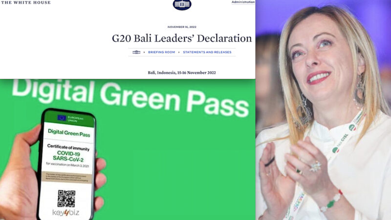 AL G20 MELONI TACE SUI VACCINI MA SOTTOSCRIVE IL “GREEN PASS ETERNO”. E gli Hub su Terapie mRNA Promosse dal ministro Schillaci